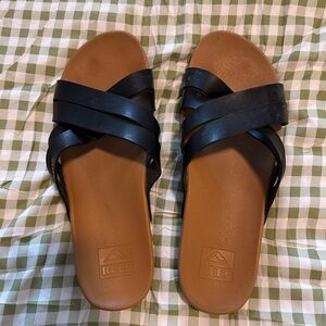 Reef Women’s Black Braided Leather Slide Sandals Size 9